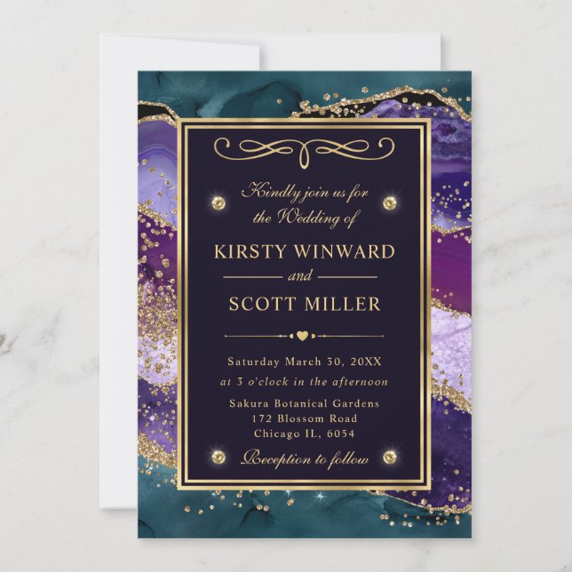 Invitation Mariage Pailleté Agate Bleu-vert, Violet et Or (Devant)