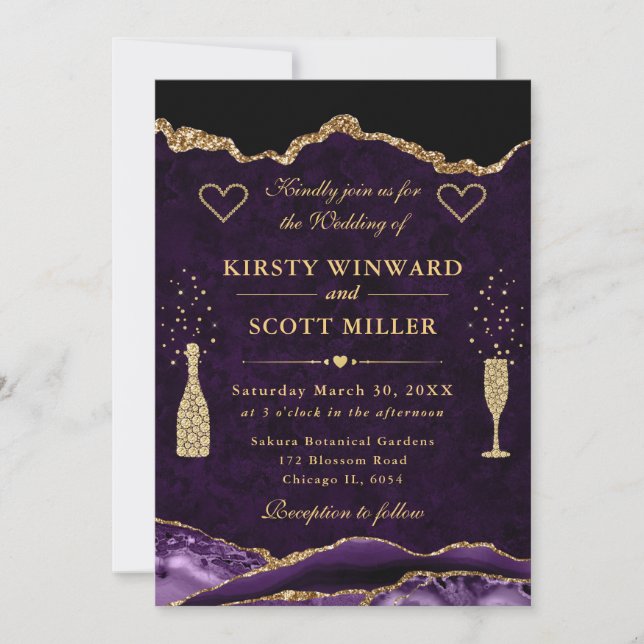 Invitation Mariage Pailleté Agate Violet et Or (Devant)