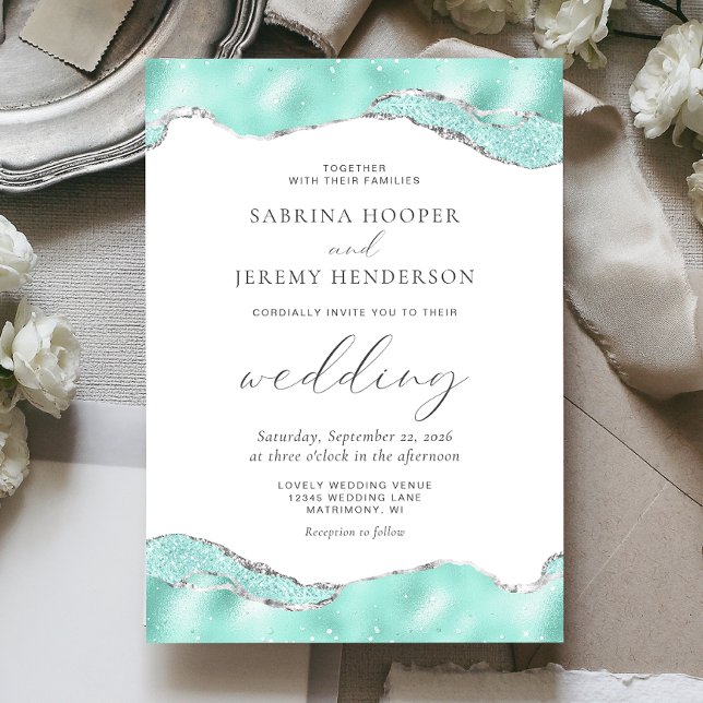 Invitation Mariage Pailleté Argent Aqua sur Fond Blanc (Créateur téléchargé)