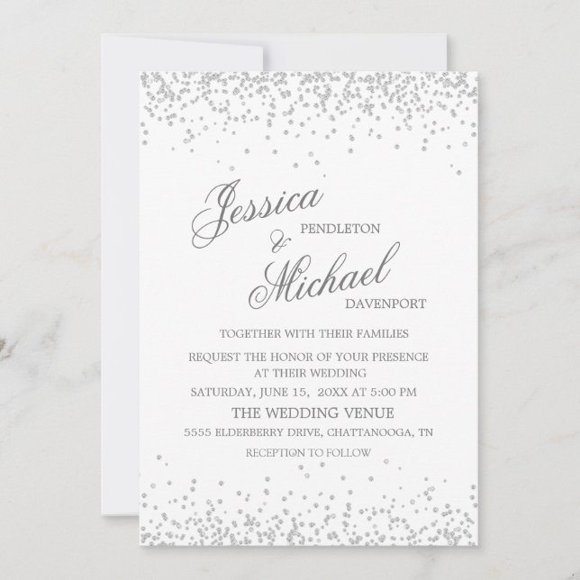 Invitation Mariage Pailleté Argent Élégant Blanc (Devant)