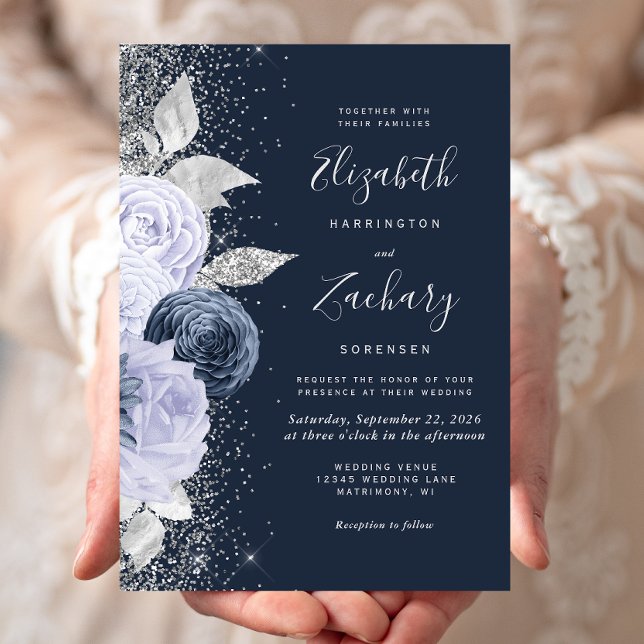Invitation Mariage Pailleté Argent Fleur Navy Bleu Lilas (Créateur téléchargé)