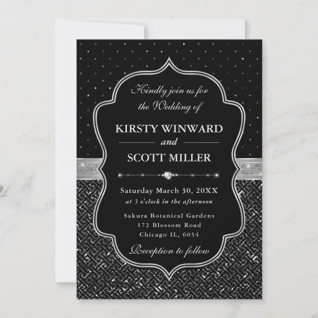 Invitation Mariage Pailleté Art Déco Noir et Argent (Devant)