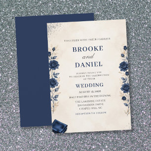 Invitation Mariage Pailleté au Bord de Tissu Rose Navy Romant