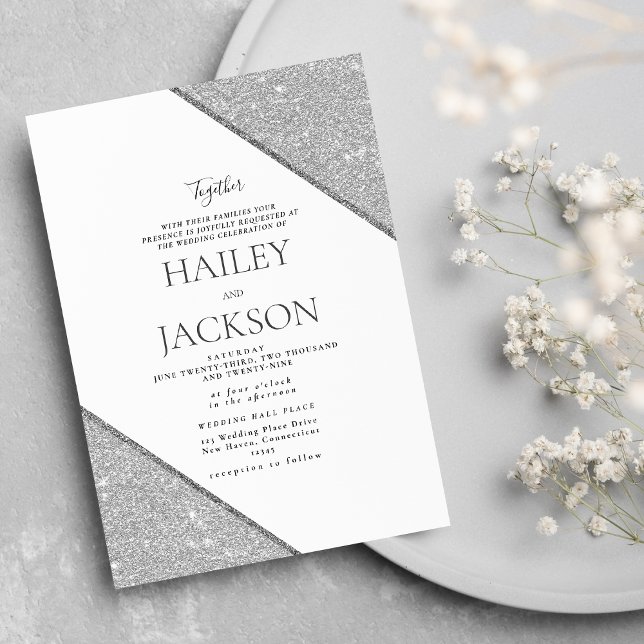 Invitation Mariage pailleté blanc géométrique élégant (Elegant geometric white silver glitter wedding)