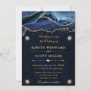 Invitation Mariage Pailleté Bleu et Or Élégant Agate