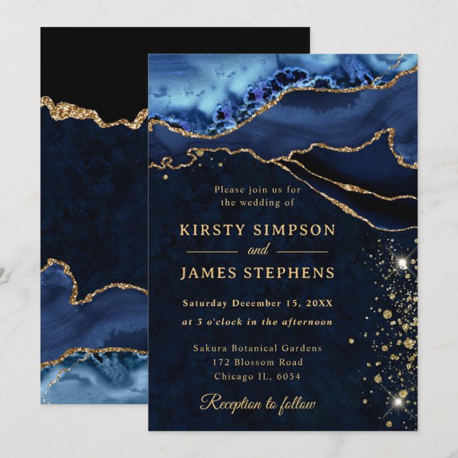 Invitation Mariage Pailleté Bleu et Or Élégant Agate (Devant / Derrière)