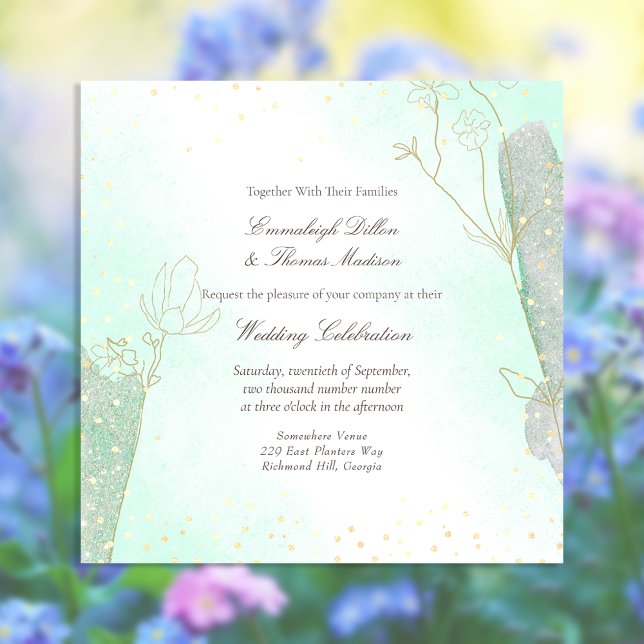 Invitation Mariage Pailleté de Vert Menthe Radieux Botanique (Créateur téléchargé)