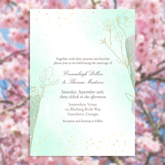 Invitation Mariage Pailleté de Vert Menthe Radieux Botanique (Créateur téléchargé)