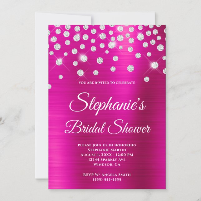 Invitation Mariage Pailleté Diamant Satin Rose Chaud Feuille  (Devant)