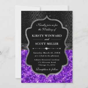 Invitation Mariage Pailleté Élégant Noir Argent Violet Sequin