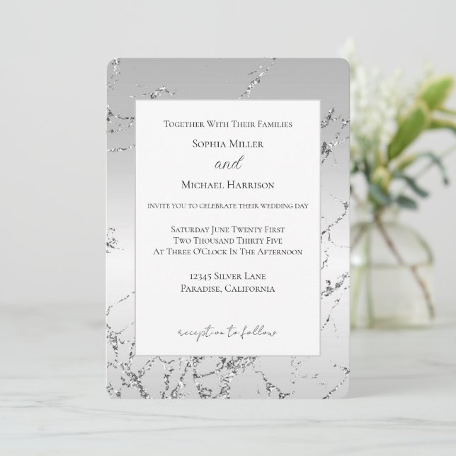 Invitation Mariage Pailleté Faux Argent Gris (Debout devant)
