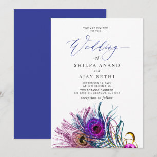Invitation Mariage Pailleté Or Bleu Violet Plume de Paon