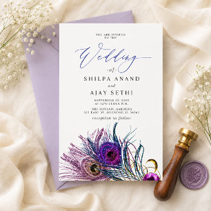 Invitation Mariage Pailleté Or Bleu Violet Plume de Paon