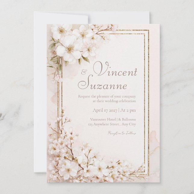 Invitation Mariage Pailleté Or Fleur Blanche Éthérée (Devant)