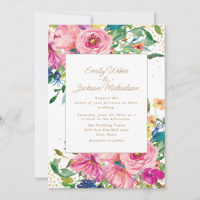 Invitation Mariage Pailleté Or Floral Jaune Rose (Devant)