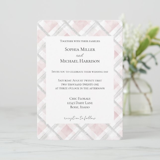 Invitation Mariage Pailleté Rose Blush Blanc Argent (Debout devant)