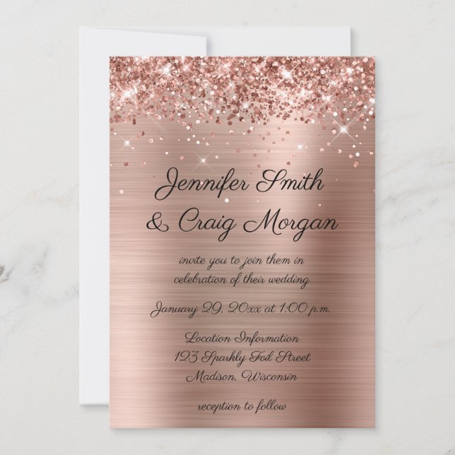 Invitation Mariage Pailleté Rose Gold Feuille (Devant)