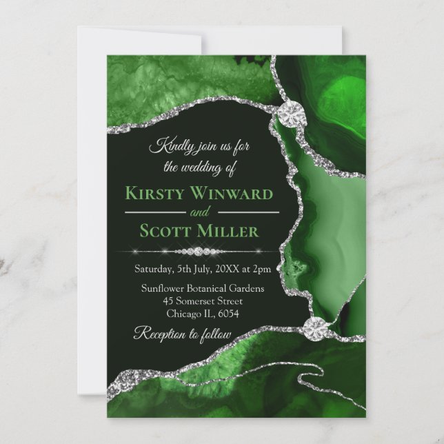 Invitation Mariage Pailleté Vert et Argent Agate (Devant)