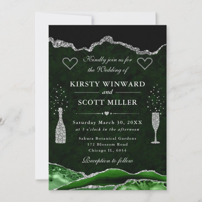 Invitation Mariage Pailleté Vert et Argent Agate (Devant)