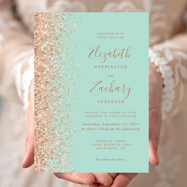 Invitation Mariage Pailleté Vert Menthe et Pêche (Créateur téléchargé)