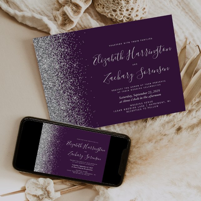 Invitation Mariage Pailleté Violet Argent Moderne (Créateur téléchargé)