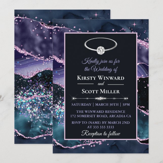 Invitation Mariage Paillettes Agate Rose Violet Bleu Foncé (Devant / Derrière)