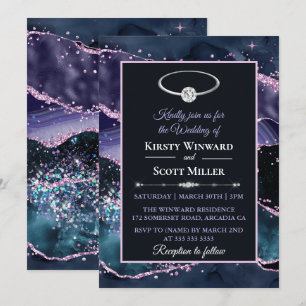 Invitation Mariage Paillettes Agate Rose Violet Bleu Foncé