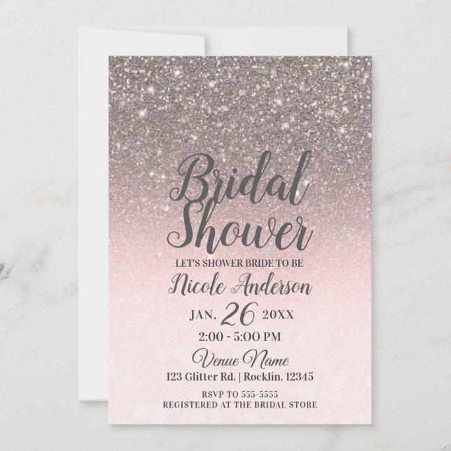 Invitation Mariage Paillettes Argent et Rose Blush (Devant)