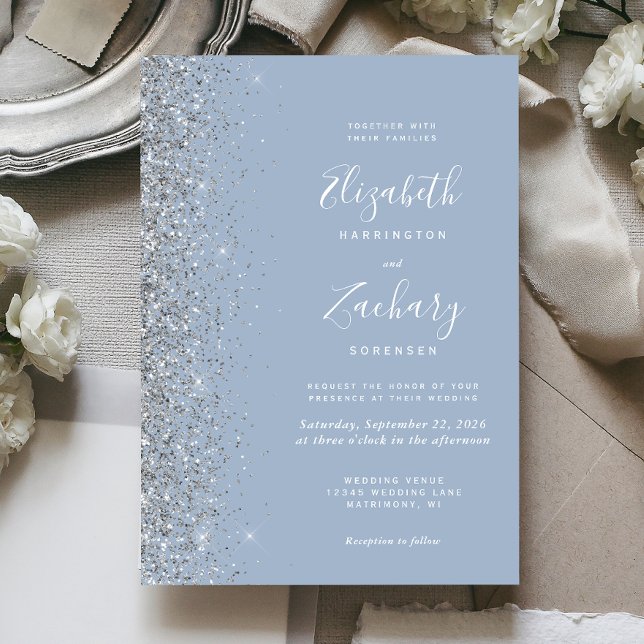 Invitation Mariage Paillettes Argentées Bleu Poussiéreux Mode (Créateur téléchargé)