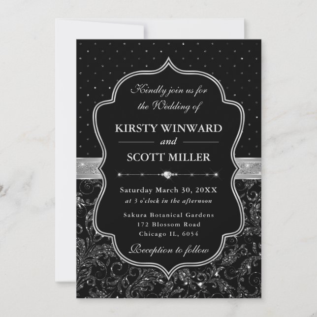 Invitation Mariage Paillettes Art Déco Noir et Argent (Devant)