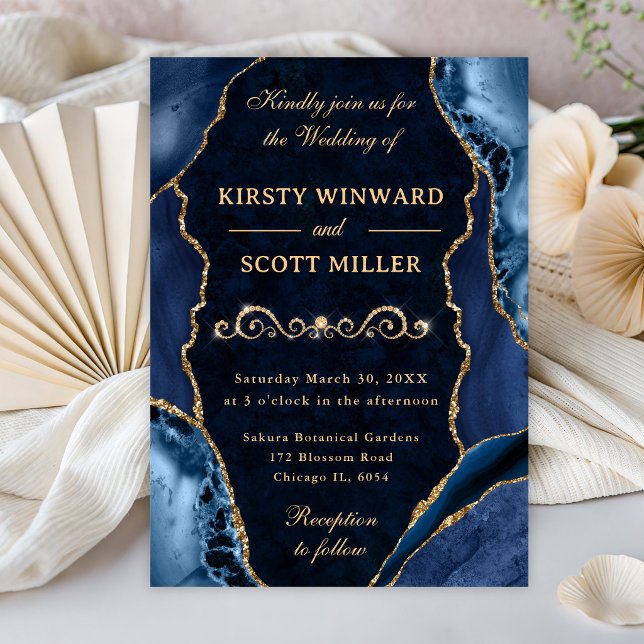 Invitation Mariage paillettes bleu et or Agate & Marbre (Créateur téléchargé)