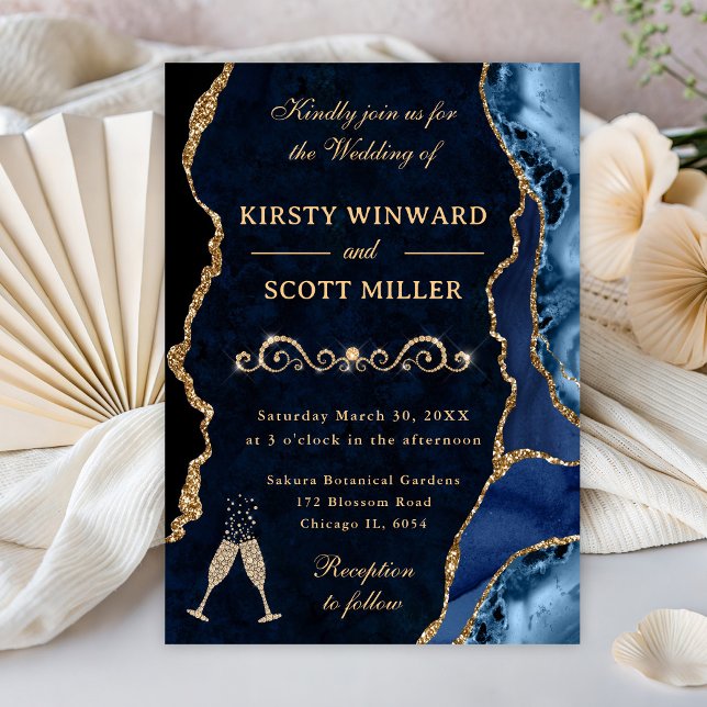 Invitation Mariage Paillettes Bleu et Or Agate & Marbre (Créateur téléchargé)