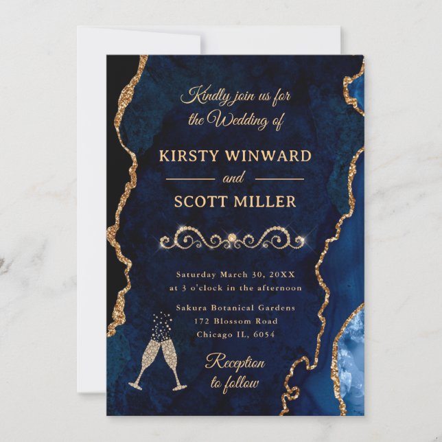 Invitation Mariage Paillettes Bleu et Or Agate & Marbre (Devant)