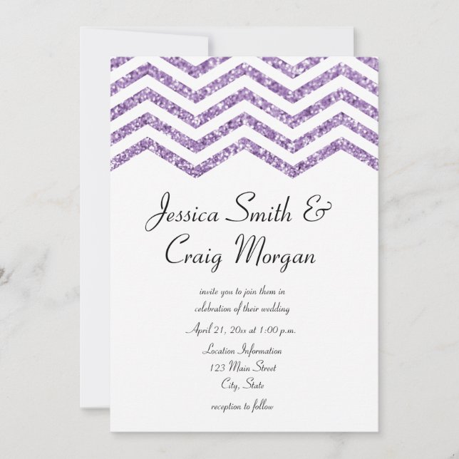 Invitation Mariage Paillettes Chevron Fausse Améthyste Glamou (Devant)
