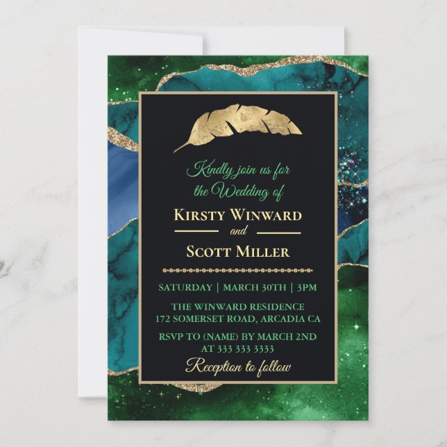 Invitation Mariage Paillettes d'Agate Bleu Vert Or (Devant)