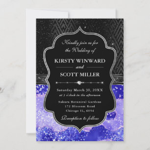Invitation Mariage Paillettes d'Agate Noir Élégant Argent Vio