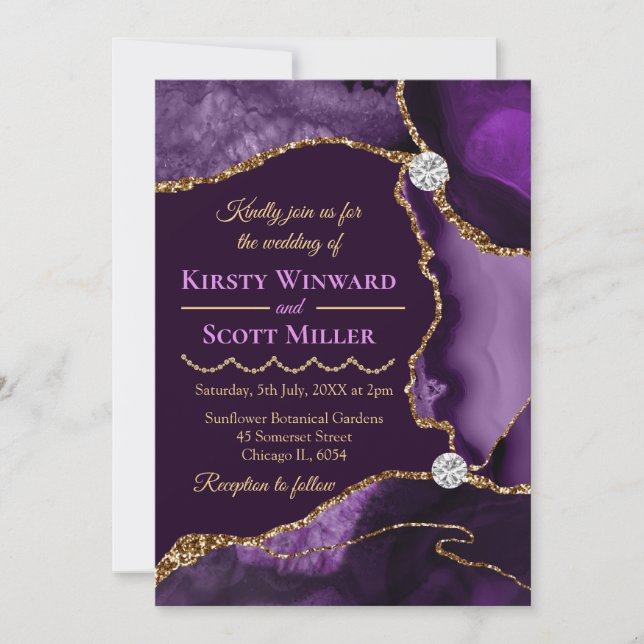 Invitation Mariage Paillettes de Agate Violet et Or (Devant)