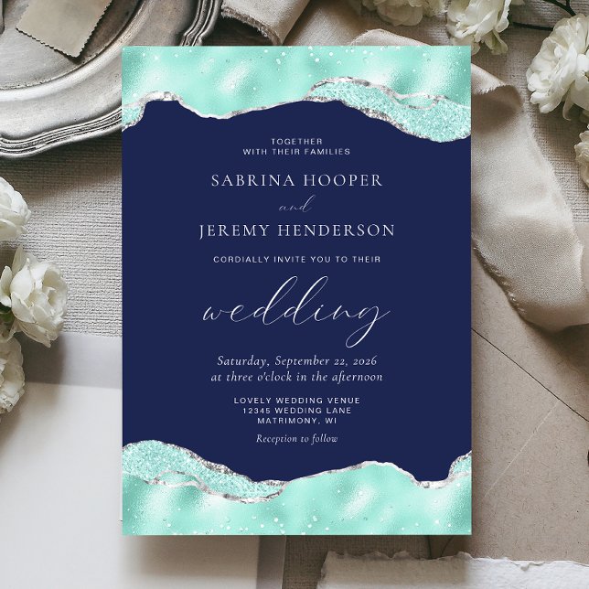 Invitation Mariage Paillettes de Feuille d'Argent Aqua Bleu M (Créateur téléchargé)