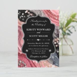 Invitation Mariage Paillettes de Marbre Agate Argent Rose