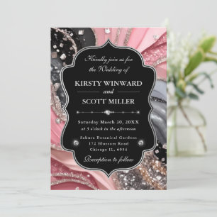Invitation Mariage Paillettes de Marbre Agate Argent Rose