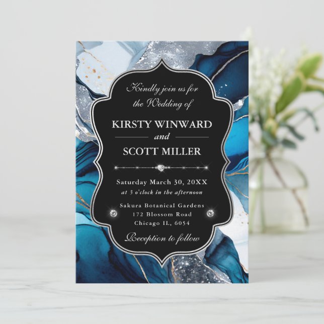 Invitation Mariage Paillettes de Marbre Agate Bleu Argent (Debout devant)