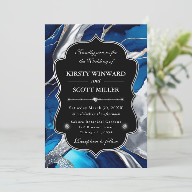 Invitation Mariage Paillettes de Marbre Agate Bleu Argent (Debout devant)