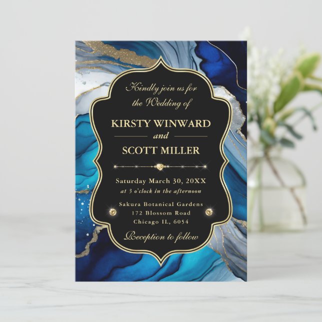 Invitation Mariage Paillettes de Marbre Agate Or Bleu (Debout devant)