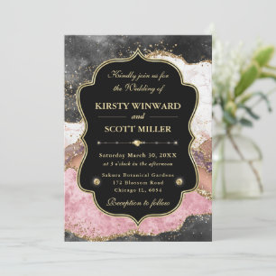 Invitation Mariage Paillettes de Marbre Rose Élégant en Or