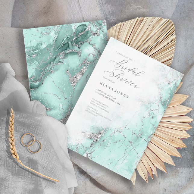 Invitation Mariage Paillettes de marbre sarcelle argenté ID64 (Front/Back In Situ)