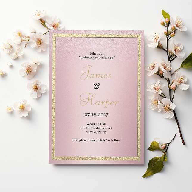 Invitation Mariage paillettes dorées dégradé rose de luxe ( Luxury pink gradient gold glitter Wedding)