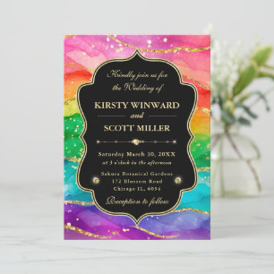 Invitation Mariage Paillettes Dorées Encre Alcoolique Arc-en-