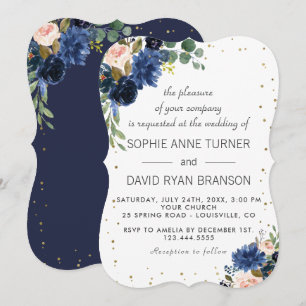 Invitation Mariage Paillettes Dorées Fleurs Bleu Marine Blush