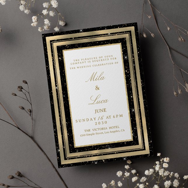 Invitation Mariage paillettes dorées noires chic Confetti  (Chic black gold sparkly glitter confetti Wedding )