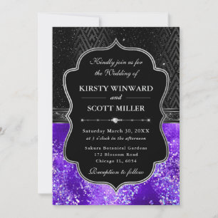 Invitation Mariage Paillettes Élégant Noir Argent Violet